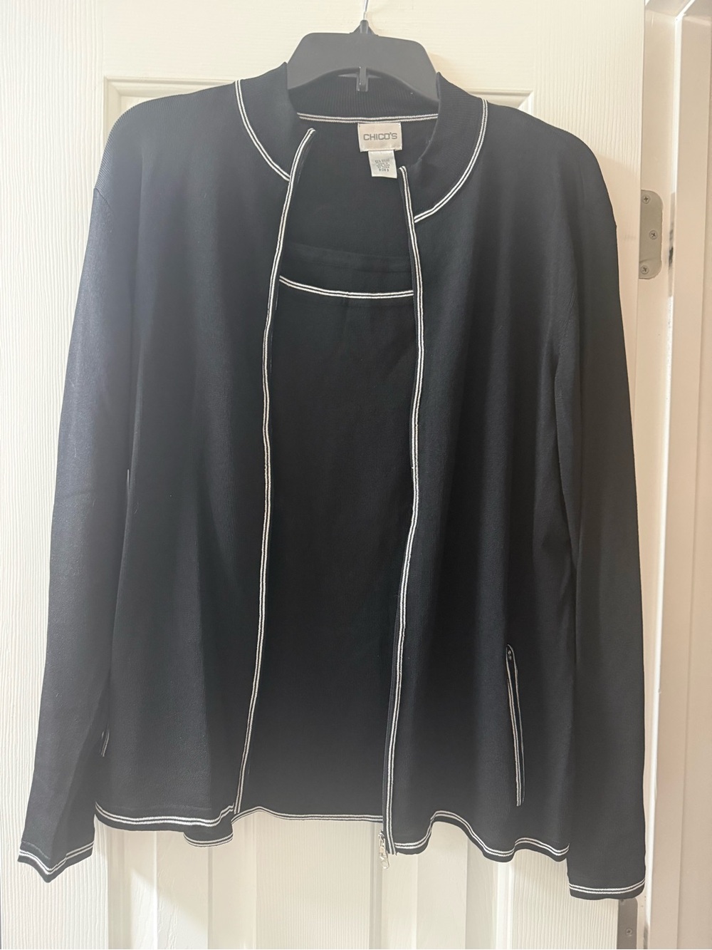 Chico's Knit Twinset Zip Cardigan Tank Top Size 3 US 16 XL Black White Trim